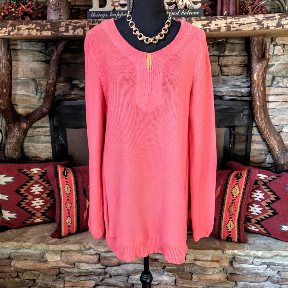 Dana Buchman Bright Orangish/Pink Long Sleeve Sweater Top Size XL